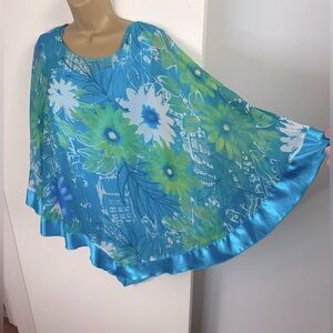 Avenue Green & Blue 100%Silk Vintage Y2K Floral Fairy Core Cape Blouse/Top 22/24